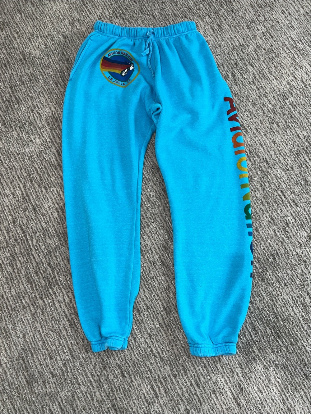 Men’s Blue Aviator Nation Logo Sweatpants with Rainbow Words on Leg